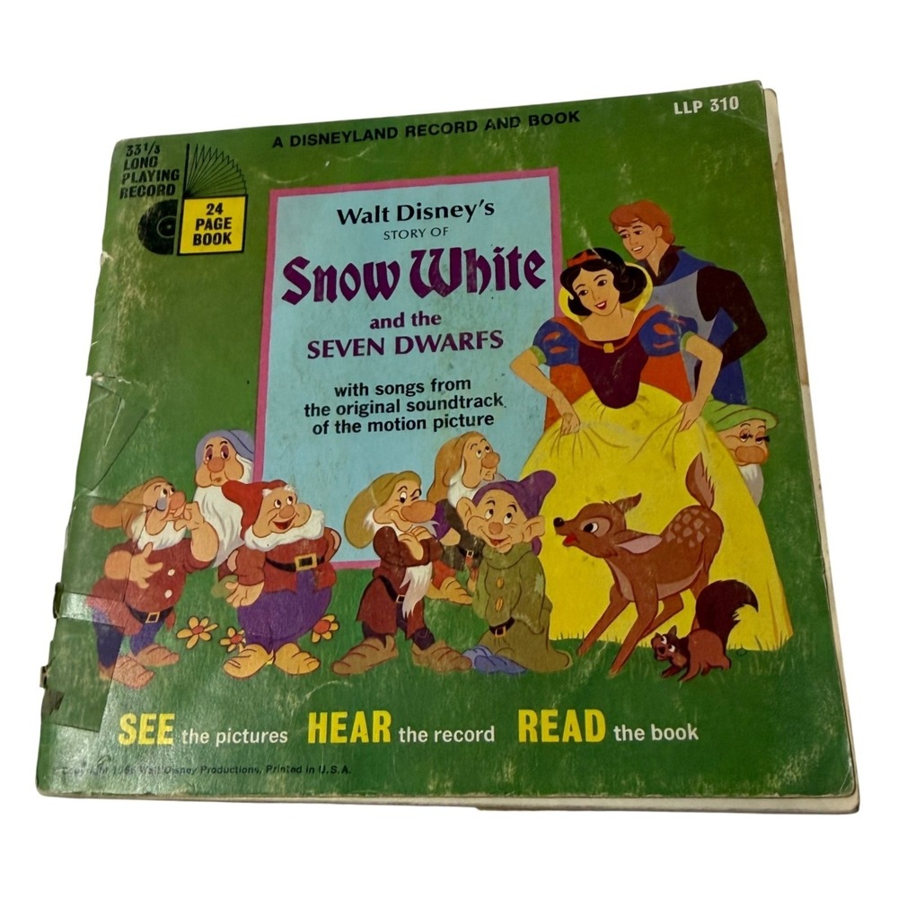 Vintage 1966 Walt Disney Snow White and Seven Dwarfs Record and Book LLP 310